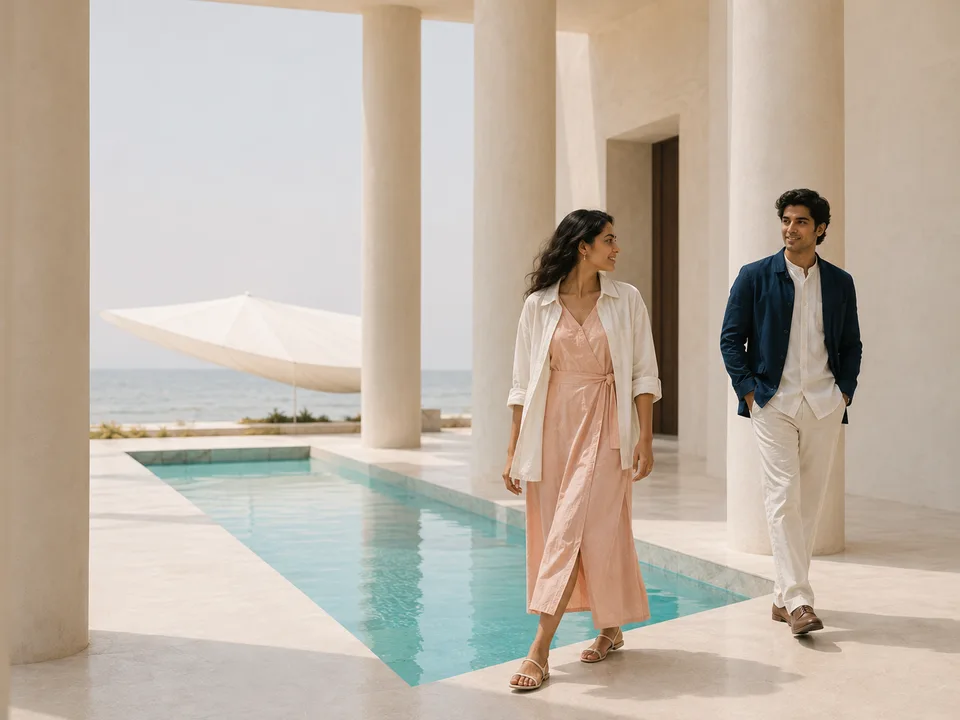 A couple walking together beside a pool at a sunlit seaside villa