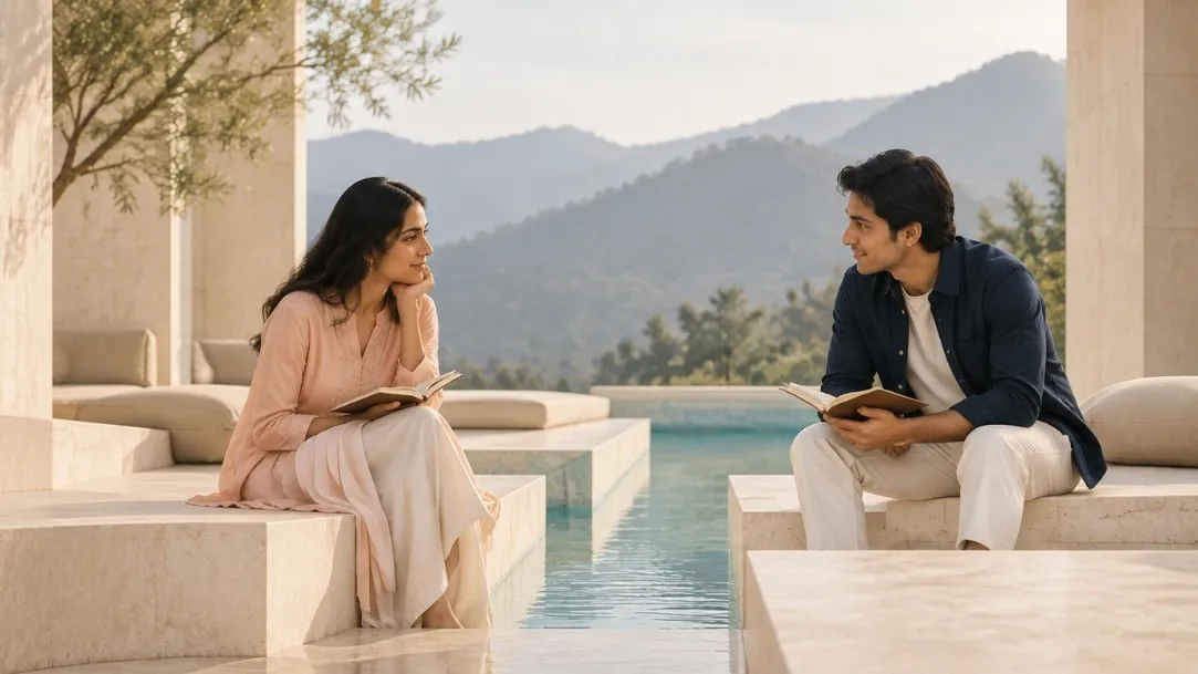 A couple sitting across a pool with open notebooks, talking in the afternoon light